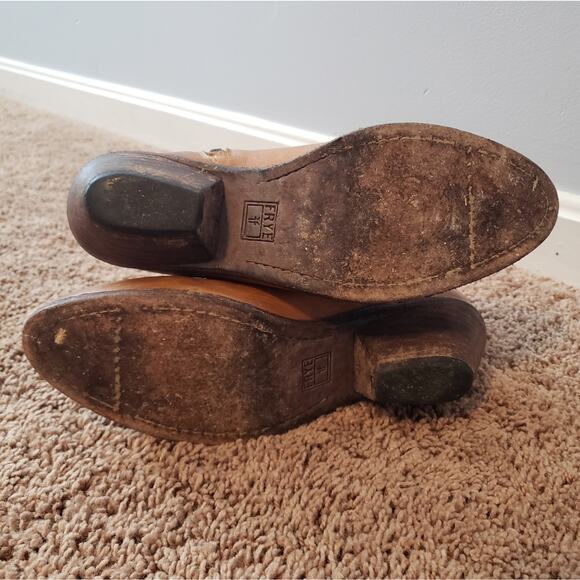 Frye heeled ankle bootie leather brown buckle side zip 8 - Picture 6 of 9